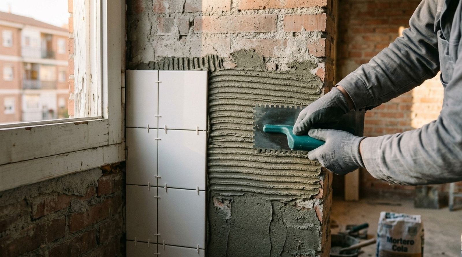 Manos con guantes extendiendo cemento cola con una llana dentada junto a azulejos nuevos