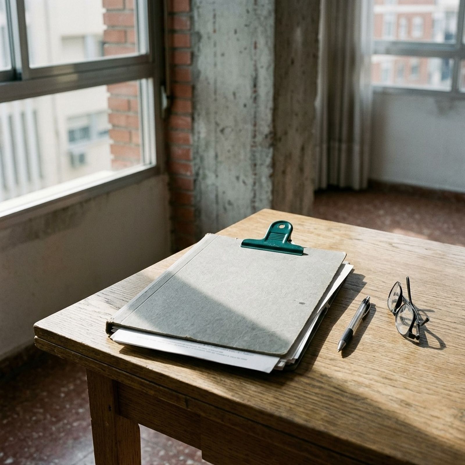 Carpeta de documentos sujeta con una pinza verde sobre una mesa de trabajo