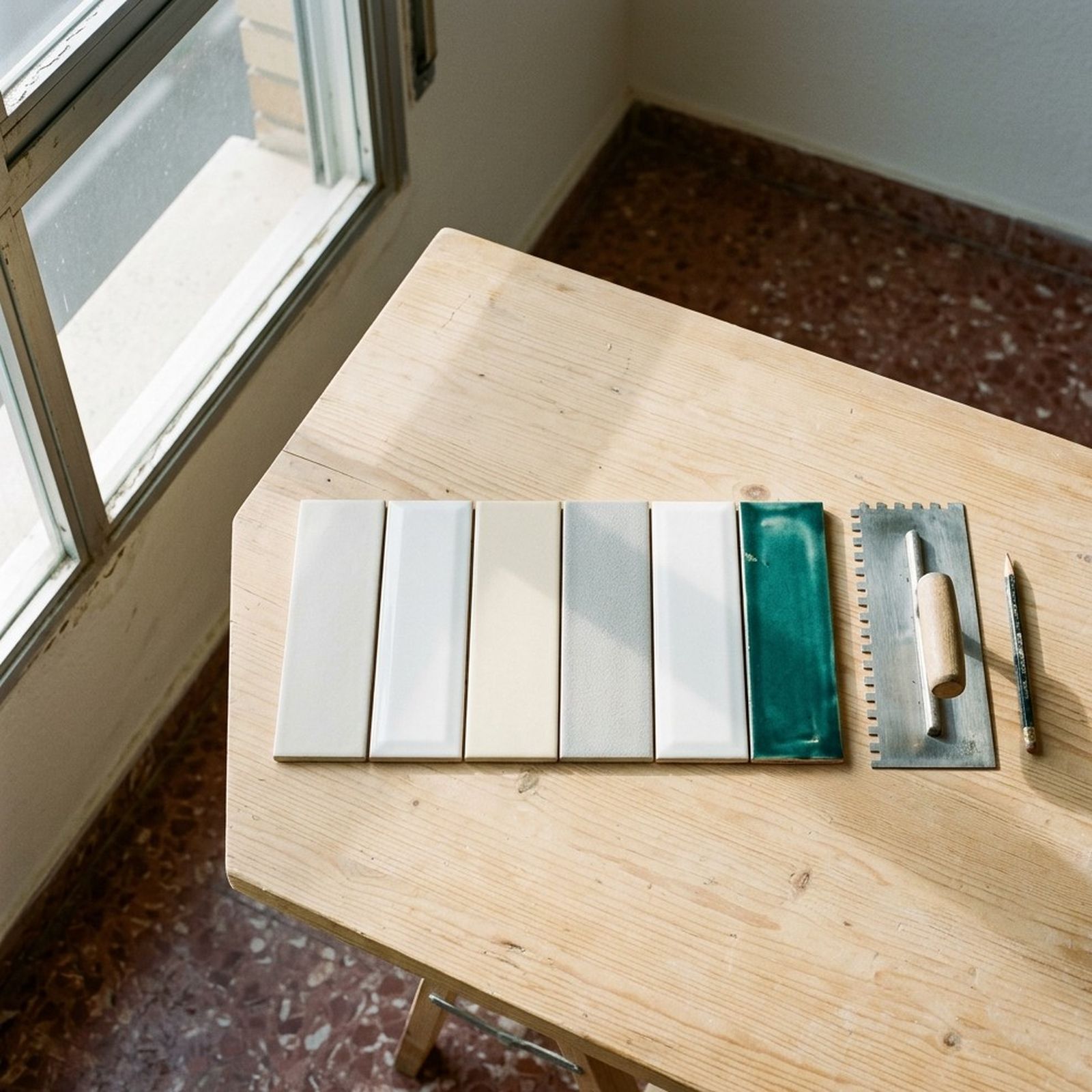 Muestras de azulejos blancos y de color sobre una mesa de madera, junto a una llana dentada